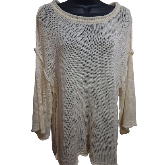 Pol Shirt Medium Cream Open Knit Top Lagenlook Relaxed Bohemian Casual Festival - Picture 2 of 12